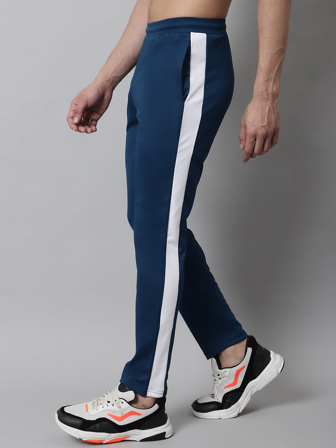 Jainish Men's Peacock Blue and White Striped Streachable Lycra Trackpants - Distacart