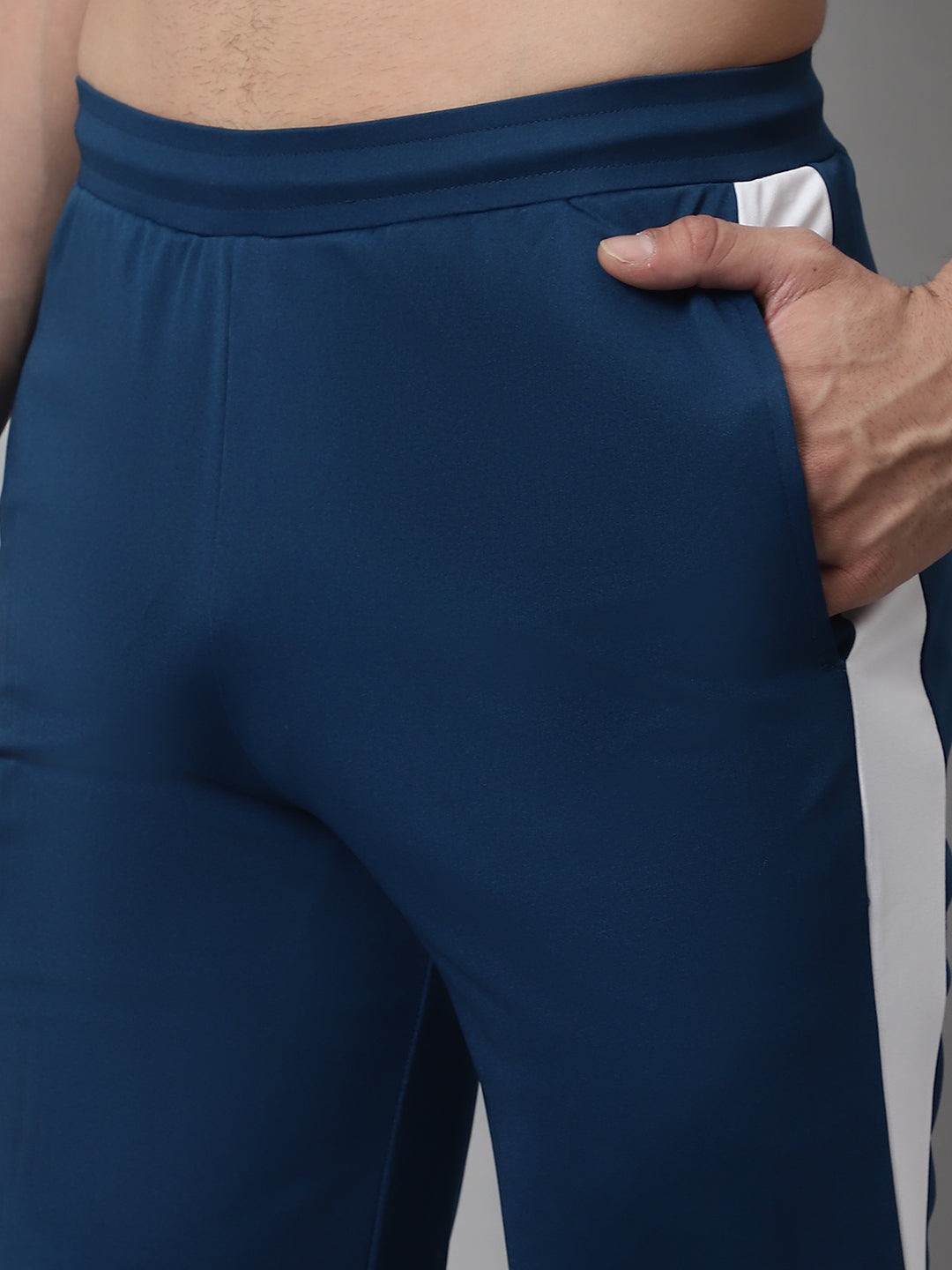 Jainish Men's Peacock Blue and White Striped Streachable Lycra Trackpants - Distacart