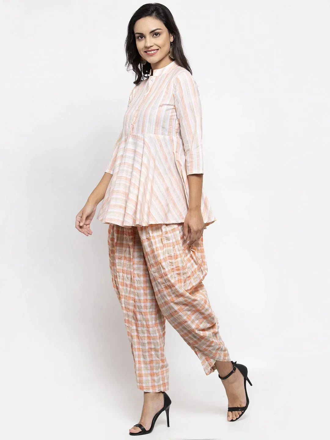 Women Orange And White Striped Kurta With Dhoti Pants - Rasiya