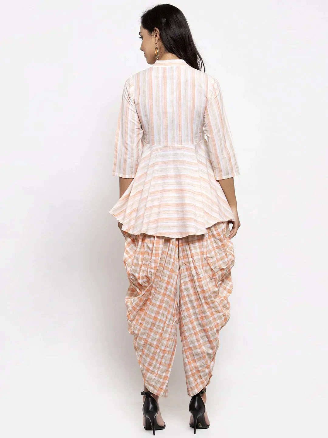 Women Orange And White Striped Kurta With Dhoti Pants - Rasiya
