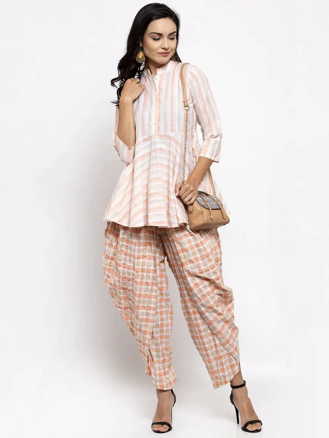 Women Orange And White Striped Kurta With Dhoti Pants - Rasiya