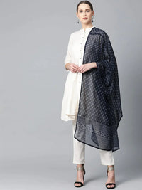Thumbnail for Women Off-White & Navy Blue Solid Kurta With Trousers & Dupatta - Rasiya