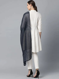 Thumbnail for Women Off-White & Navy Blue Solid Kurta With Trousers & Dupatta - Rasiya