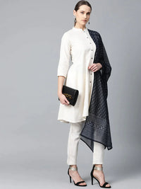 Thumbnail for Women Off-White & Navy Blue Solid Kurta With Trousers & Dupatta - Rasiya