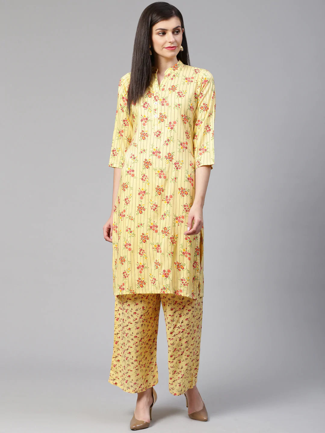 Women Yellow-Coloured & Red Floral Print Kurta With Palazzos - Rasiya