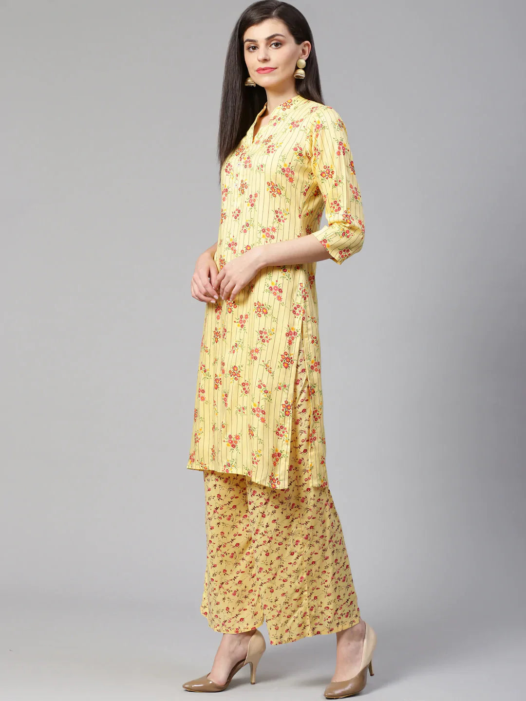 Women Yellow-Coloured & Red Floral Print Kurta With Palazzos - Rasiya