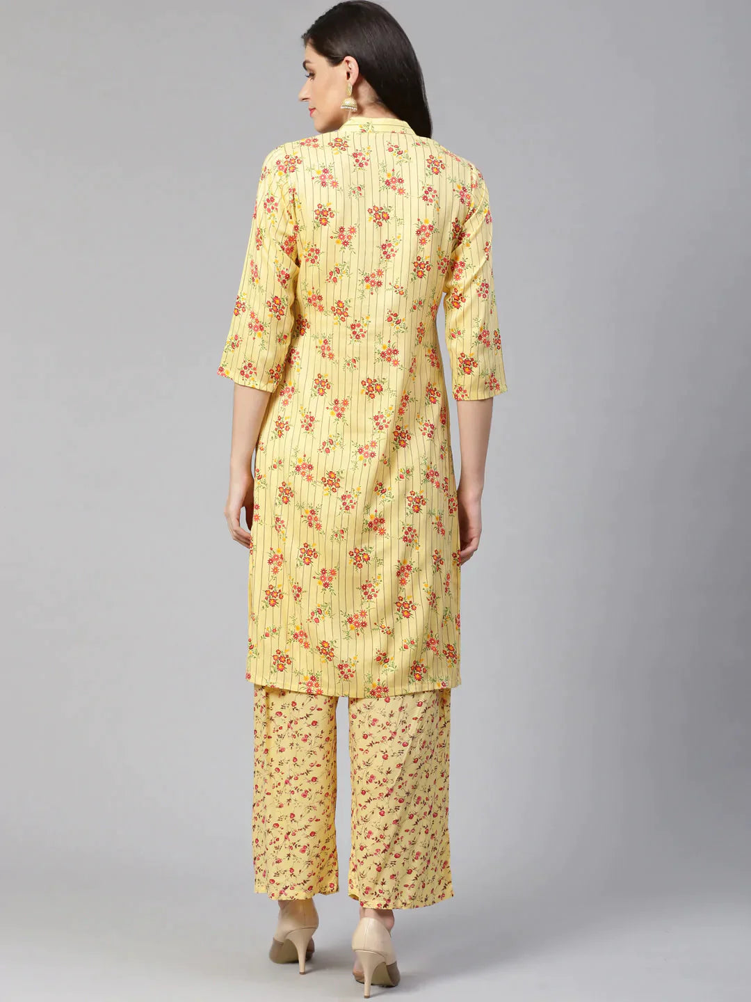 Women Yellow-Coloured & Red Floral Print Kurta With Palazzos - Rasiya