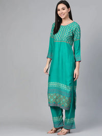Thumbnail for Women Rama-Green & Golden Yoke Design Kurta With Palazzos - Rasiya