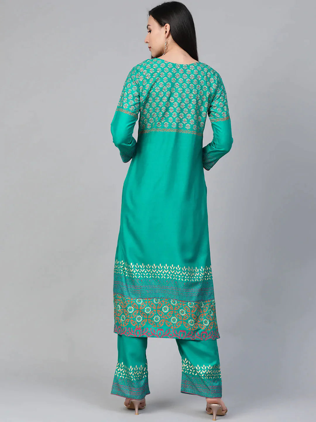 Women Rama-Green & Golden Yoke Design Kurta With Palazzos - Rasiya