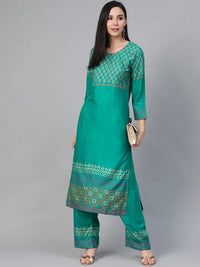 Thumbnail for Women Rama-Green & Golden Yoke Design Kurta With Palazzos - Rasiya