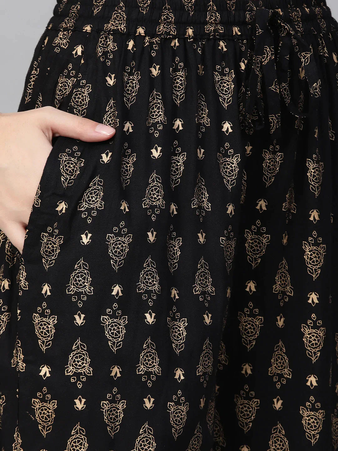 Women Black & Golden Block Printed Kurta With Palazzos - Rasiya