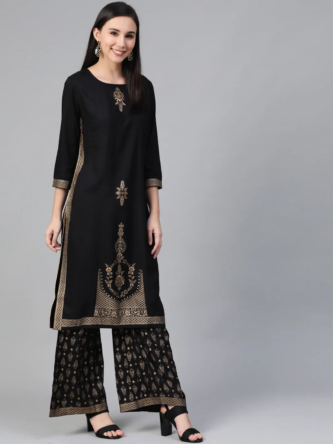 Women Black & Golden Block Printed Kurta With Palazzos - Rasiya