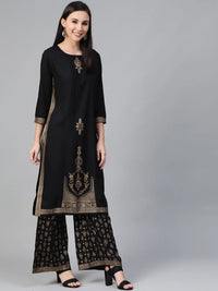 Thumbnail for Women Black & Golden Block Printed Kurta With Palazzos - Rasiya
