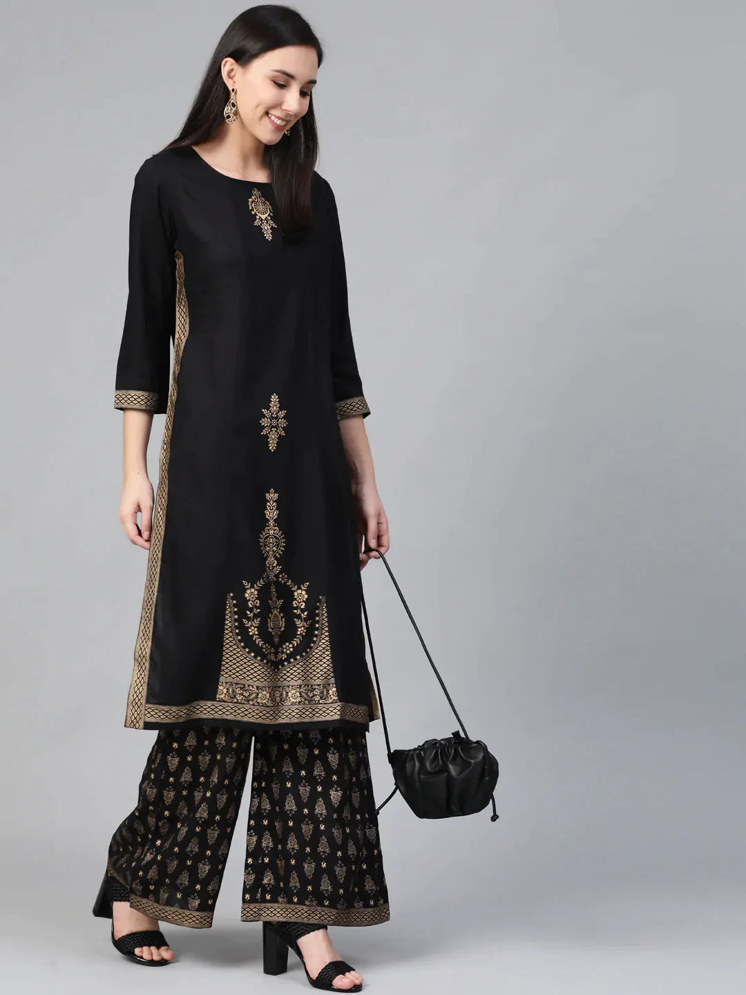 Women Black & Golden Block Printed Kurta With Palazzos - Rasiya