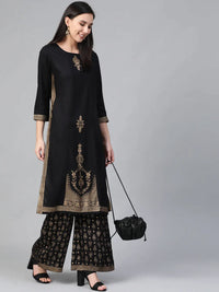 Thumbnail for Women Black & Golden Block Printed Kurta With Palazzos - Rasiya
