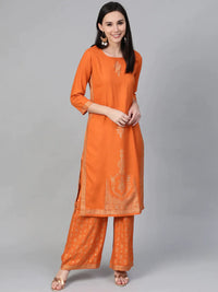 Thumbnail for Women Orange & Golden Block Printed Kurta With Palazzos - Rasiya