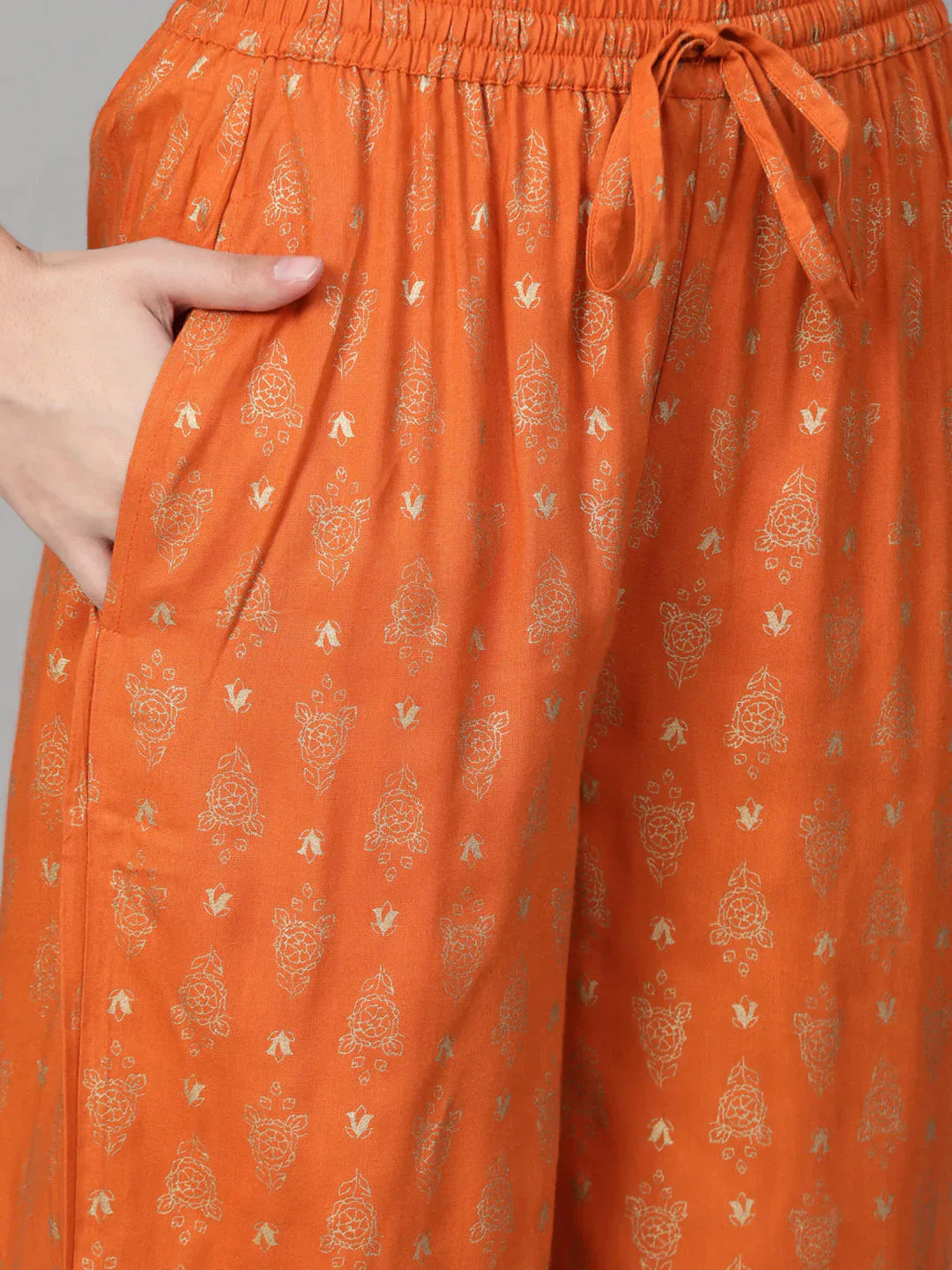 Women Orange & Golden Block Printed Kurta With Palazzos - Rasiya