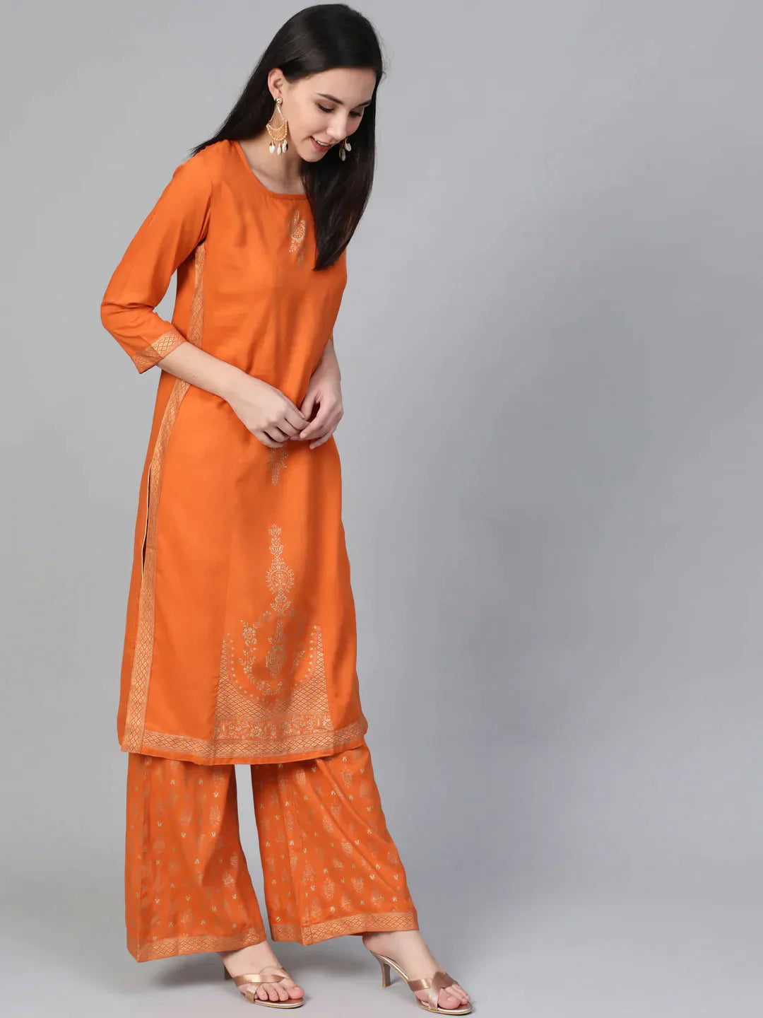 Women Orange & Golden Block Printed Kurta With Palazzos - Rasiya