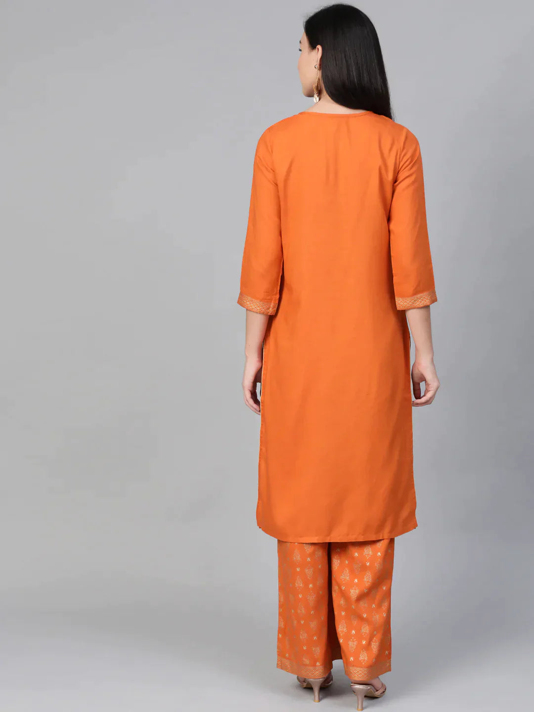 Women Orange & Golden Block Printed Kurta With Palazzos - Rasiya