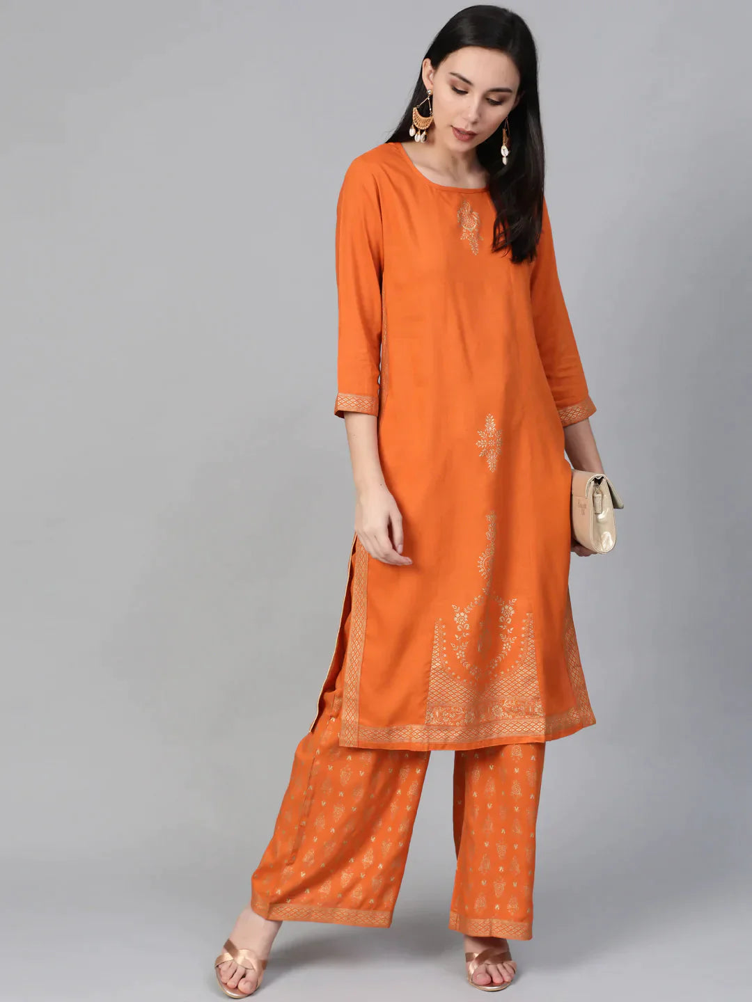 Women Orange & Golden Block Printed Kurta With Palazzos - Rasiya