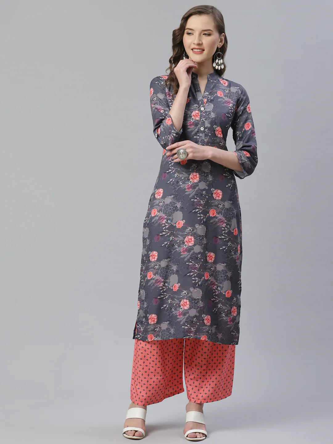 Women Charcoal Grey & Pink Floral Printed Kurta With Palazzos - Rasiya