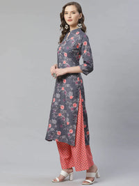 Thumbnail for Women Charcoal Grey & Pink Floral Printed Kurta With Palazzos - Rasiya