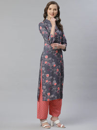 Thumbnail for Women Charcoal Grey & Pink Floral Printed Kurta With Palazzos - Rasiya