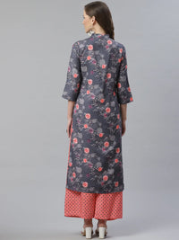 Thumbnail for Women Charcoal Grey & Pink Floral Printed Kurta With Palazzos - Rasiya