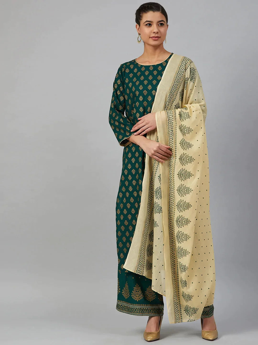 Women Green & Golden Printed Kurta With Palazzos & Dupatta - Rasiya
