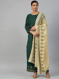 Thumbnail for Women Green & Golden Printed Kurta With Palazzos & Dupatta - Rasiya