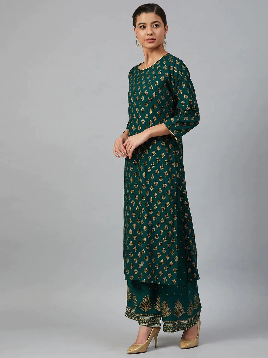 Women Green & Golden Printed Kurta With Palazzos & Dupatta - Rasiya