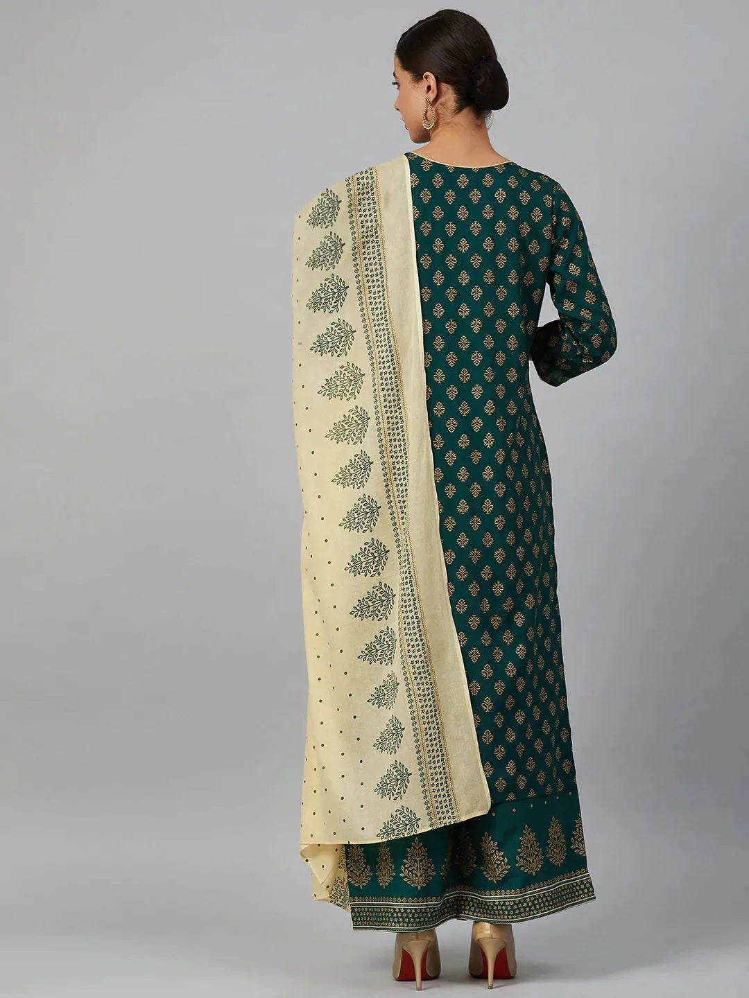 Women Green & Golden Printed Kurta With Palazzos & Dupatta - Rasiya