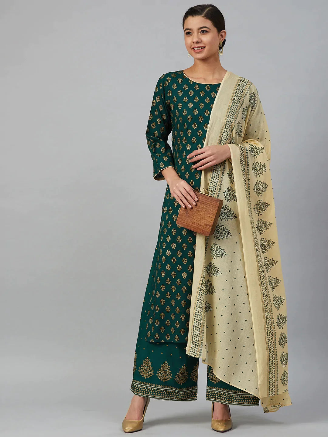 Women Green & Golden Printed Kurta With Palazzos & Dupatta - Rasiya