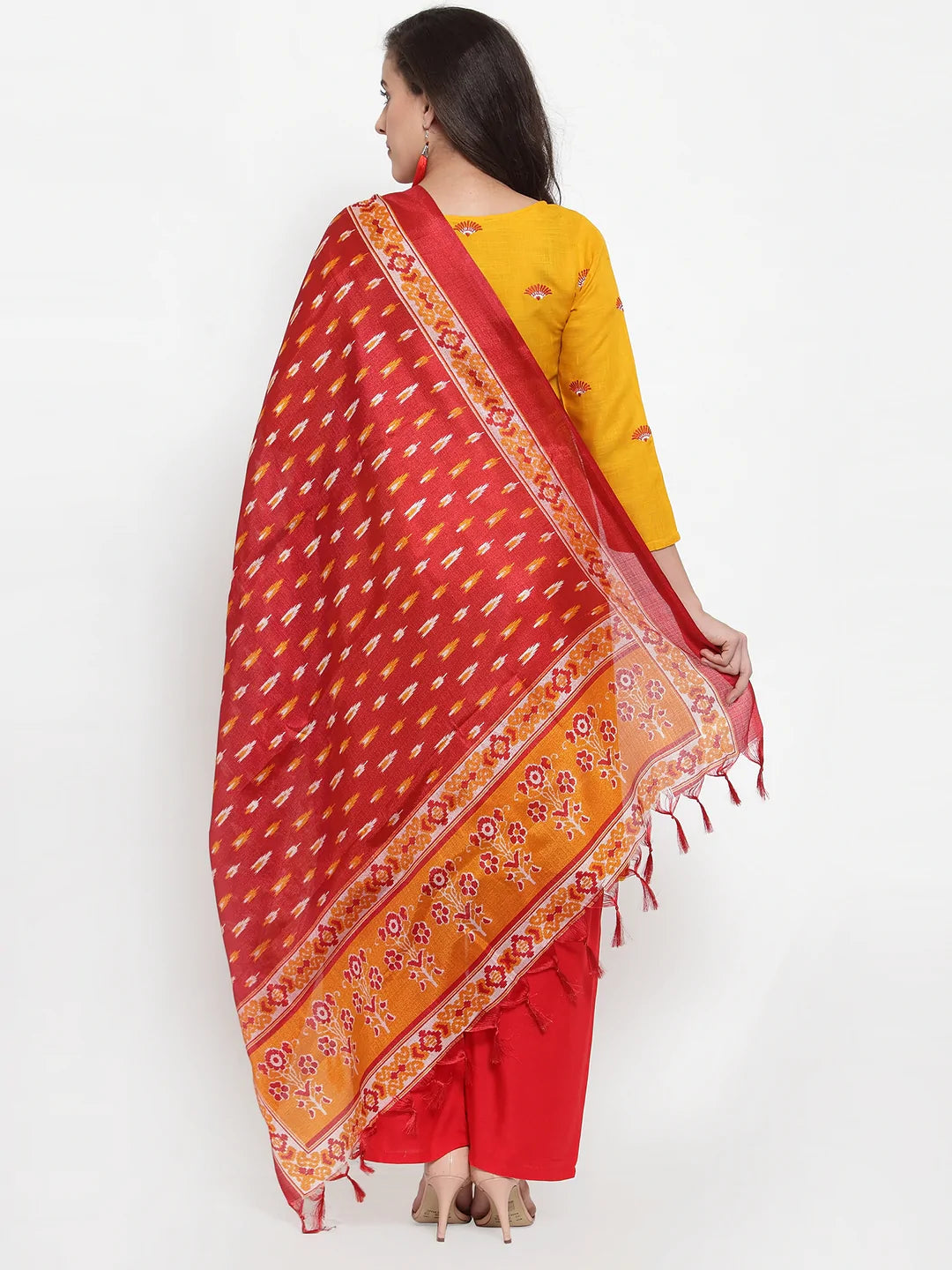 Women Mustard Yellow & Red Embroidered Kurta With Palazzos & Dupatta - Rasiya