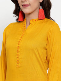 Thumbnail for Women Mustard Yellow & Red Embroidered Kurta With Palazzos & Dupatta - Rasiya