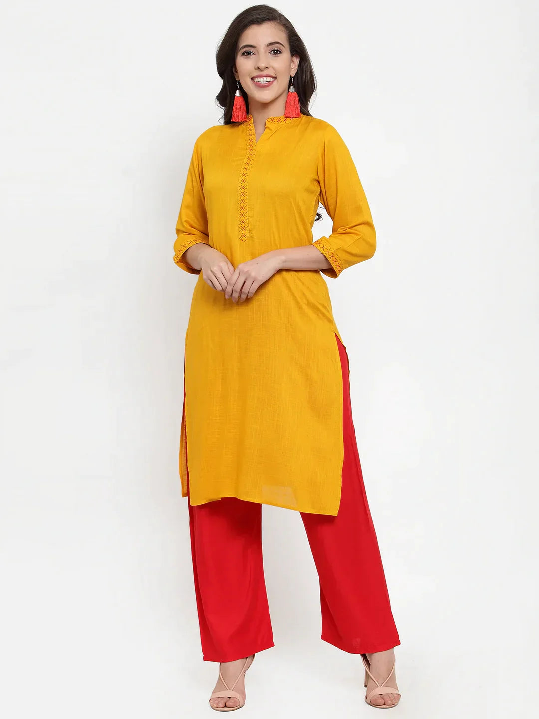 Women Mustard Yellow & Red Embroidered Kurta With Palazzos & Dupatta - Rasiya