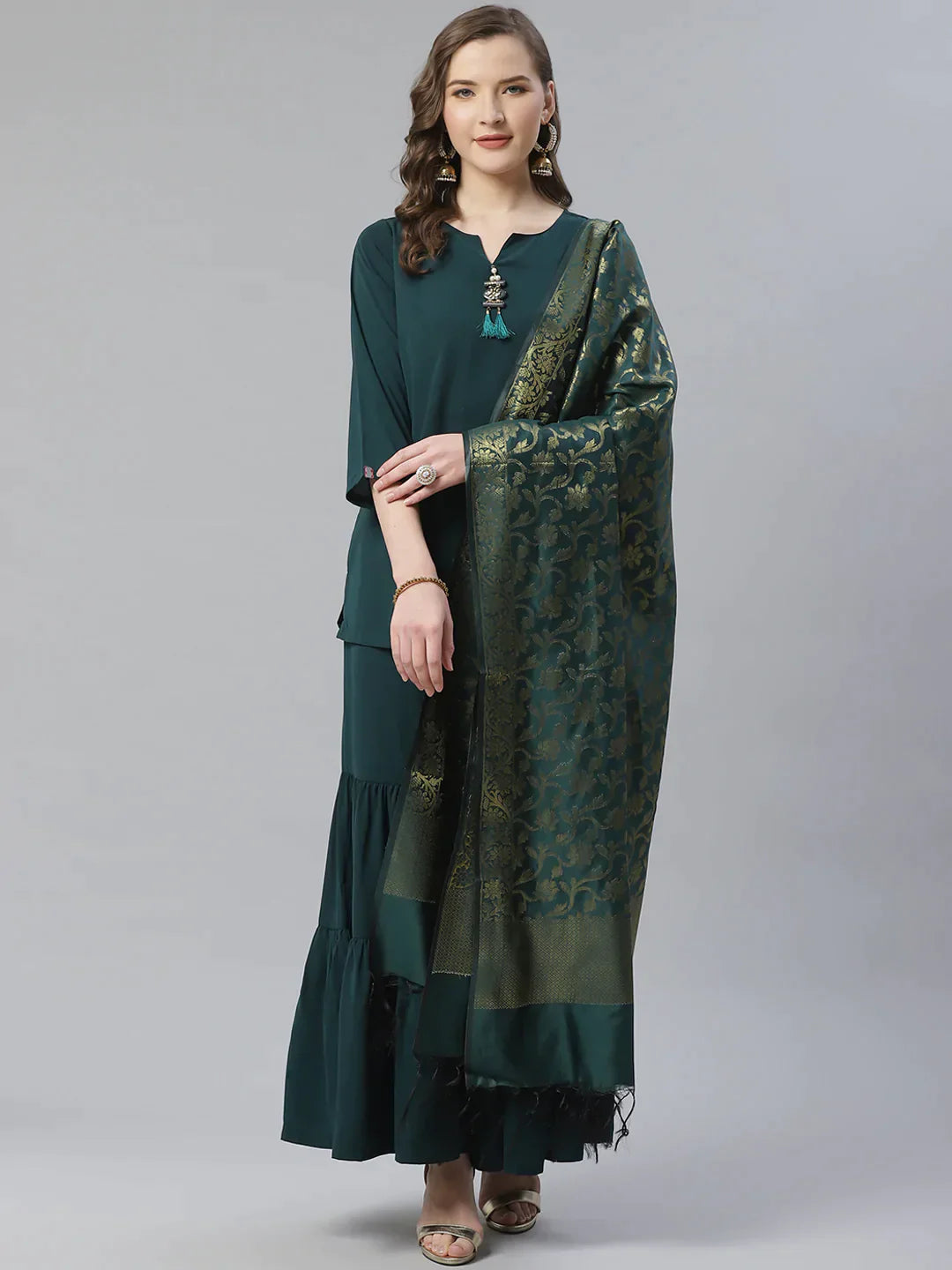 Women Green & Golden Solid Kurti With Sharara & Woven Design Dupatta - Rasiya