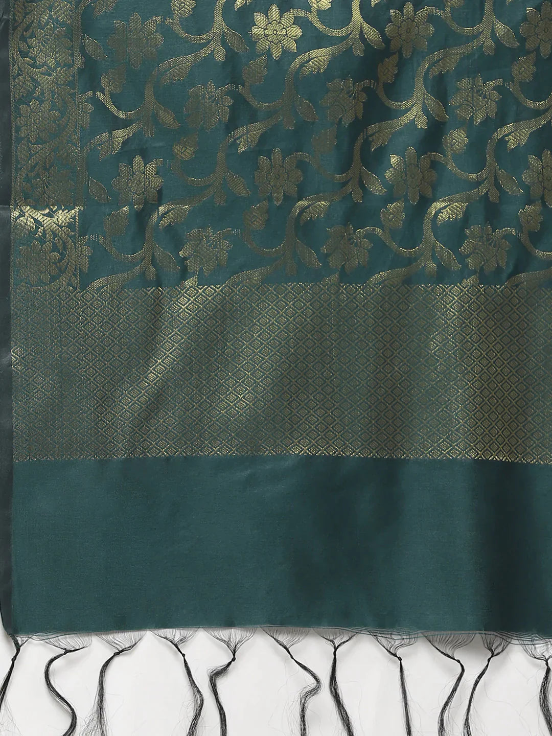Women Green & Golden Solid Kurti With Sharara & Woven Design Dupatta - Rasiya