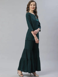 Thumbnail for Women Green & Golden Solid Kurti With Sharara & Woven Design Dupatta - Rasiya