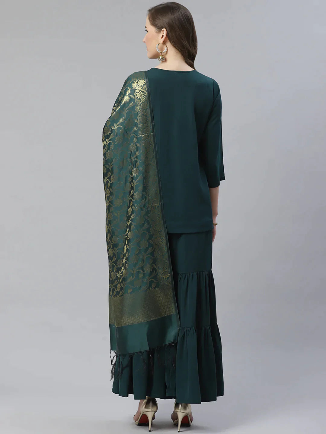 Women Green & Golden Solid Kurti With Sharara & Woven Design Dupatta - Rasiya