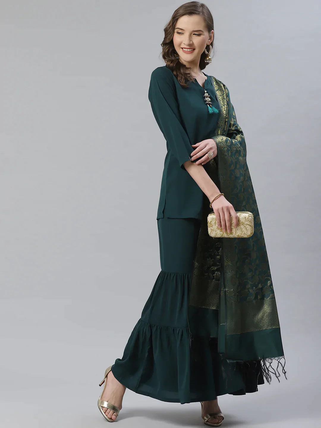 Women Green & Golden Solid Kurti With Sharara & Woven Design Dupatta - Rasiya