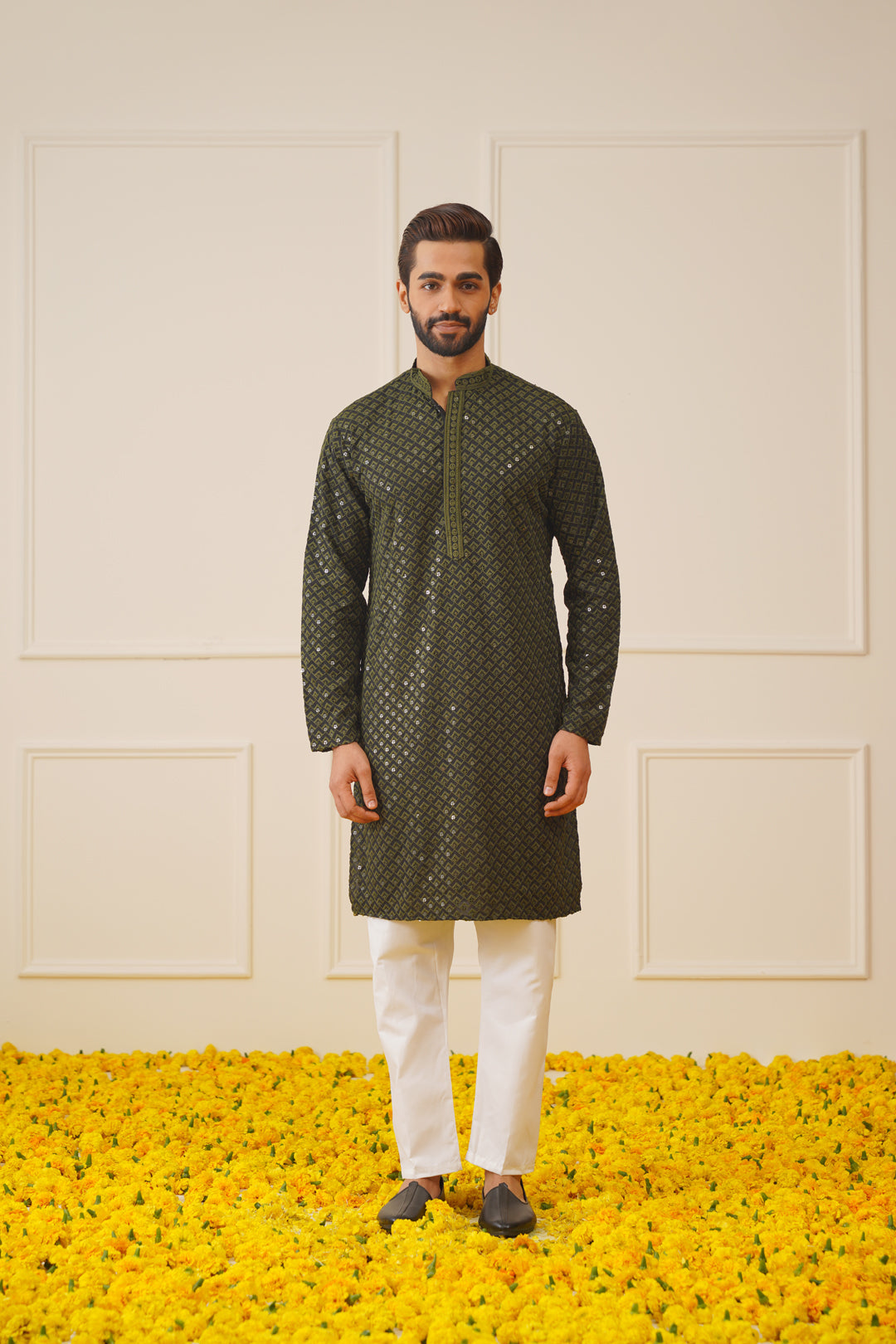 Jompers Men's Sequin Embroidered Pure Cotton Kurta - Mehndi - Distacart