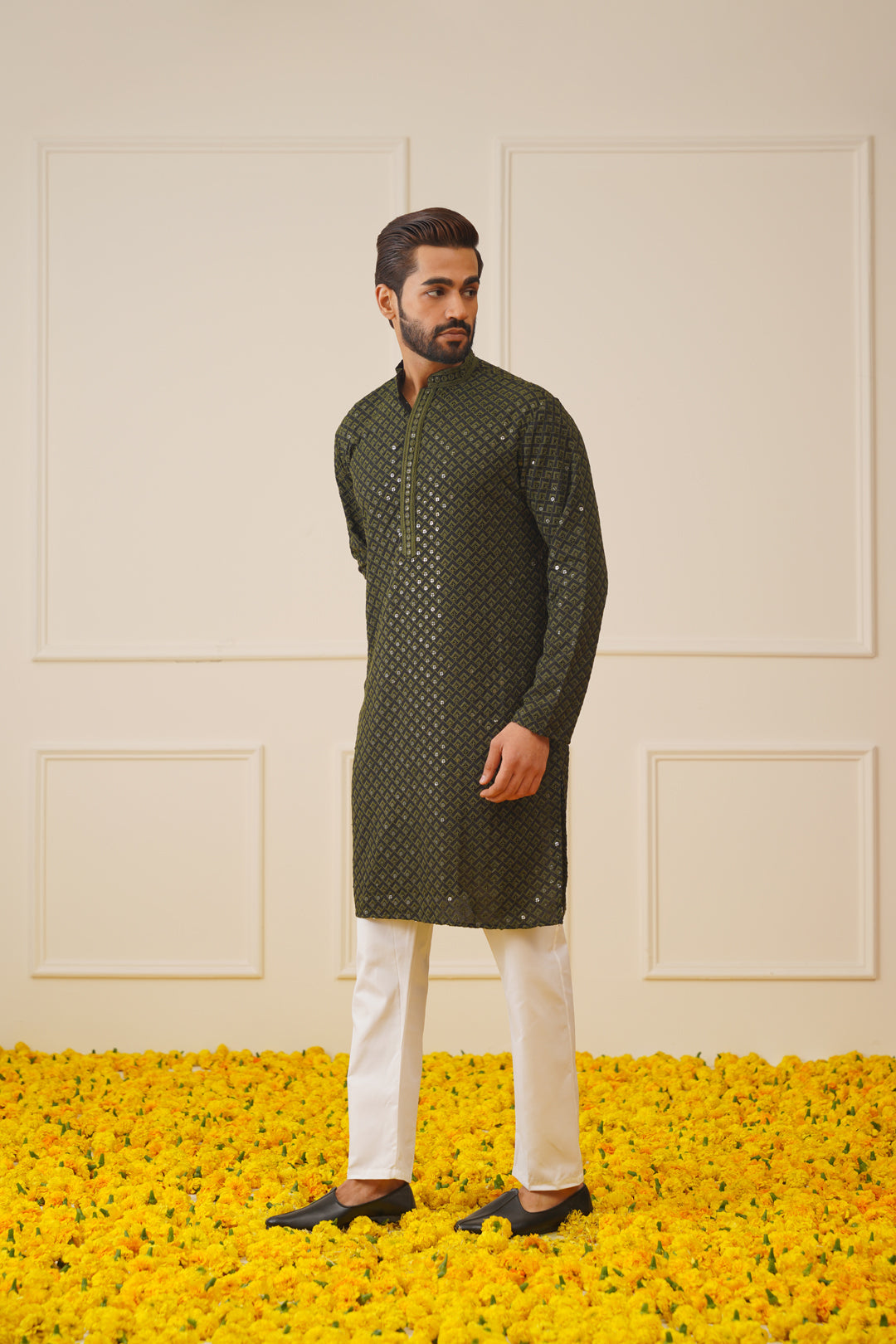 Jompers Men's Sequin Embroidered Pure Cotton Kurta - Mehndi - Distacart