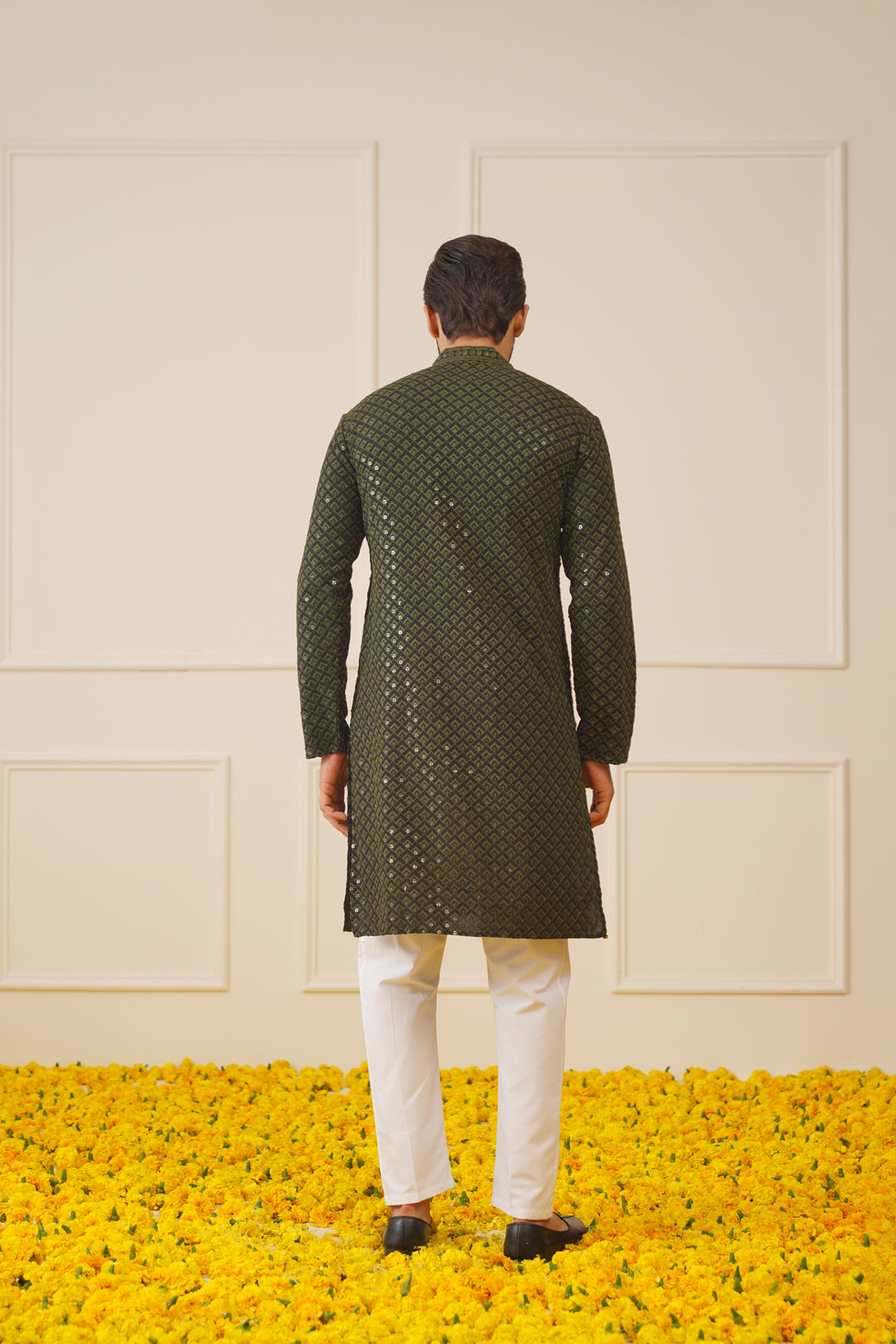 Jompers Men's Sequin Embroidered Pure Cotton Kurta - Mehndi - Distacart