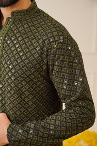 Thumbnail for Jompers Men's Sequin Embroidered Pure Cotton Kurta - Mehndi - Distacart