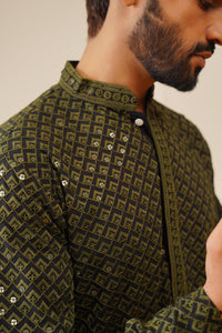 Thumbnail for Jompers Men's Sequin Embroidered Pure Cotton Kurta - Mehndi - Distacart