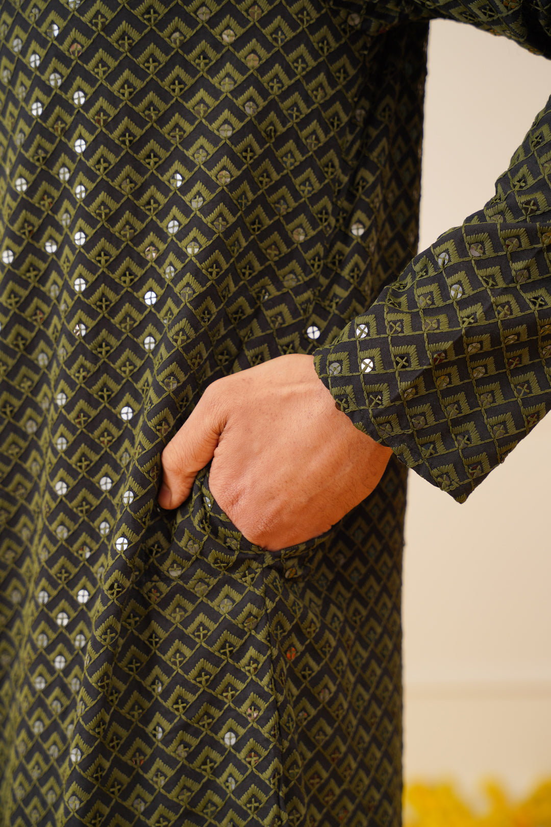 Jompers Men's Sequin Embroidered Pure Cotton Kurta - Mehndi - Distacart