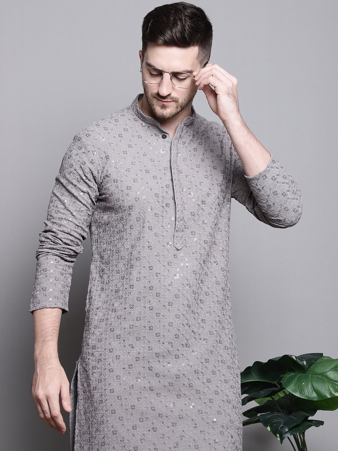 Jompers Men's Sequin Embroidered Pure Cotton Kurta with Pyjamas - Grey - Distacart