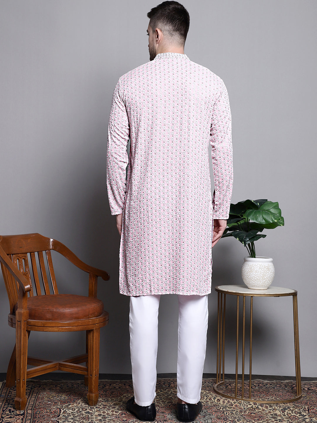 Jompers Men's Sequin Embroidered Pure Cotton Kurta with Pyjamas - Pink - Distacart