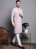 Thumbnail for Jompers Men's Sequin Embroidered Pure Cotton Kurta with Pyjamas - Pink - Distacart